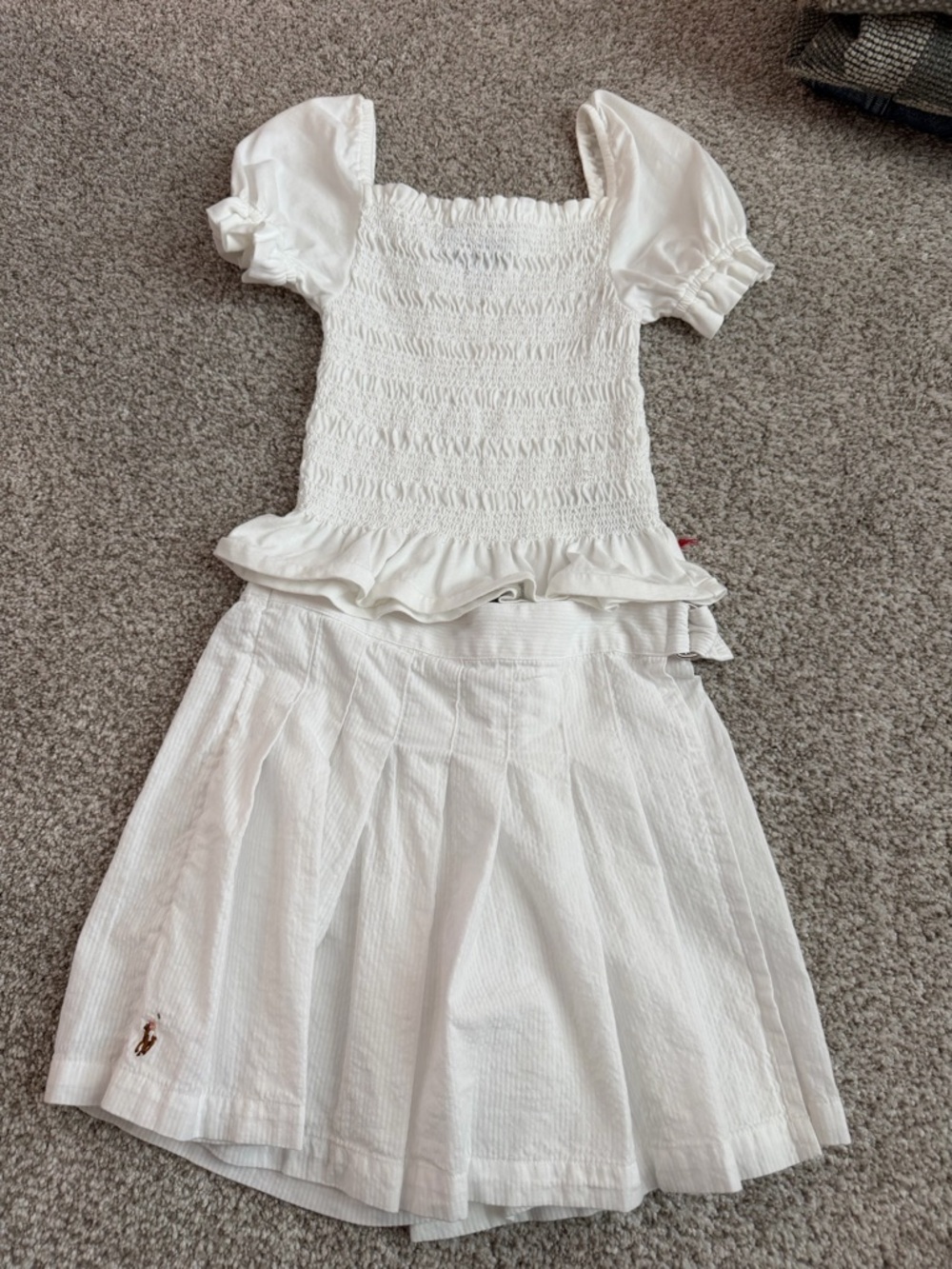 Polo by Ralph Lauren White Smocked Puff-Sleeve Dress with Pleated Skirt